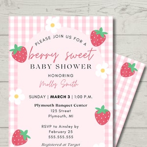 Invitation de fête de naissance douce | Personnalisé | Baby shower printemps/été | Baby Shower aux fraises | Téléchargement numérique
