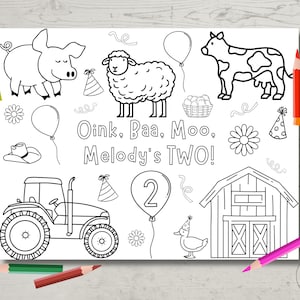 Pode incluir: Página para colorir em preto e branco com animais de fazenda, um trator, um celeiro e um bolo de aniversário com o número dois. O texto diz "Oink, Baa, Moo, Melody's TWO!"