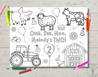 May include: Black and white coloring page featuring farm animals, a tractor, a barn, and a birthday cake with the number two. The text reads "Oink, Baa, Moo, Melody's TWO!"