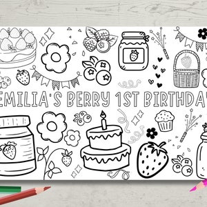 May include: A black and white printable coloring page with the text "Emilia's Berry 1st Birthday". The page features a variety of berry-themed illustrations, including a cake, cupcakes, jars of jam, strawberries, blueberries, and flowers.
