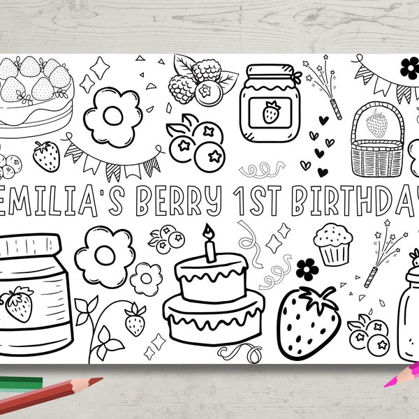 Berry First Birthday Coloring Page | First Birthday Activity | First Birthday Decor | Berry Sweet One | 17x11, 11x8.5, or 7x5