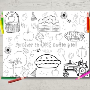 ONE Cutie Pie Birthday Coloring Sheet | Spersonalizowana strona aktywności urodzinowej na jesień / jesień | Dekoracje urodzinowe | Apple Orchard