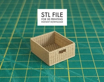 STL file for 1:12 scale Rectangular Dollhouse wicker woven rattan style storage basket designed by experienced 3D artist