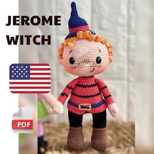 May include: Crochet pattern for a cute witch doll named Jerome. The doll is wearing a red and black striped shirt, a blue belt, and black pants. The doll has a brown hat with a blue brim and brown boots. The pattern is available as a PDF download.