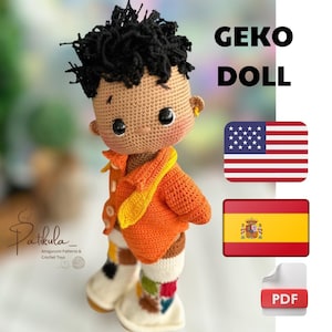 May include: Crochet pattern for a cute amigurumi doll with brown skin, black hair, and a bright orange shirt. The doll is wearing colourful socks and white shoes. The pattern is available in PDF format and includes instructions in English and Spanish.