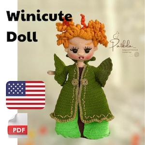 May include: A handmade crochet doll with orange hair and a green dress. The doll features a detailed face with large eyes and a small red mouth. The image includes the text "Winicute Doll", a PDF icon, and the American flag in the lower left corner.