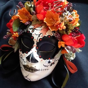 Day of the Dead Hand Painted Catrina Mask (Dia de los Muertos) Orange/Olive