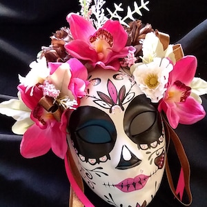 Day of the Dead Hand Painted Catrina Mask (Dia de los Muertos) / Beige Base/Deep Pink Orchids