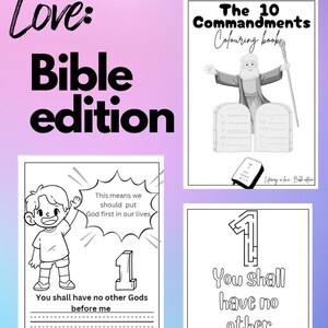 Może przedstawiać: Czarno-białe strony do kolorowania przedstawiające Dziesięć Przykazań. Pierwsza strona przedstawia kresk&oacute;wkę mężczyzny trzymającego dwie kamienne tablice z tekstem "The 10 Commandments Coloring Book". Druga strona przedstawia kresk&oacute;wkę chłopca z tekstem "You shall have no other Gods before me". Trzecia strona przedstawia dużą cyfrę "1" z tekstem "You shall have no other Gods before Me".