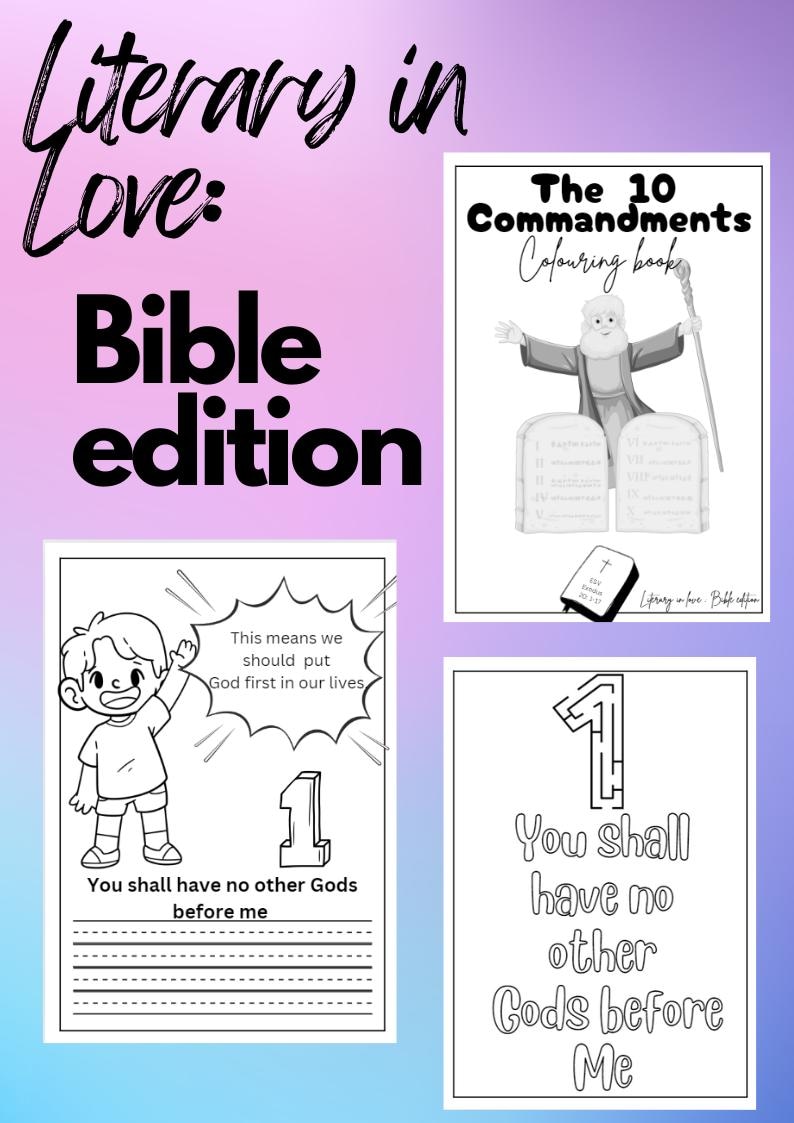 Może przedstawiać: Czarno-białe strony do kolorowania przedstawiające Dziesięć Przykazań. Pierwsza strona przedstawia kresk&oacute;wkę mężczyzny trzymającego dwie kamienne tablice z tekstem "The 10 Commandments Coloring Book". Druga strona przedstawia kresk&oacute;wkę chłopca z tekstem "You shall have no other Gods before me". Trzecia strona przedstawia dużą cyfrę "1" z tekstem "You shall have no other Gods before Me".