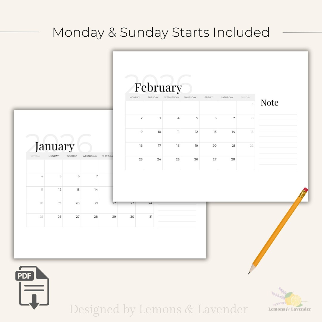2026 Horizontal Monthly Calendar | Minimalist Landscape Planner ...