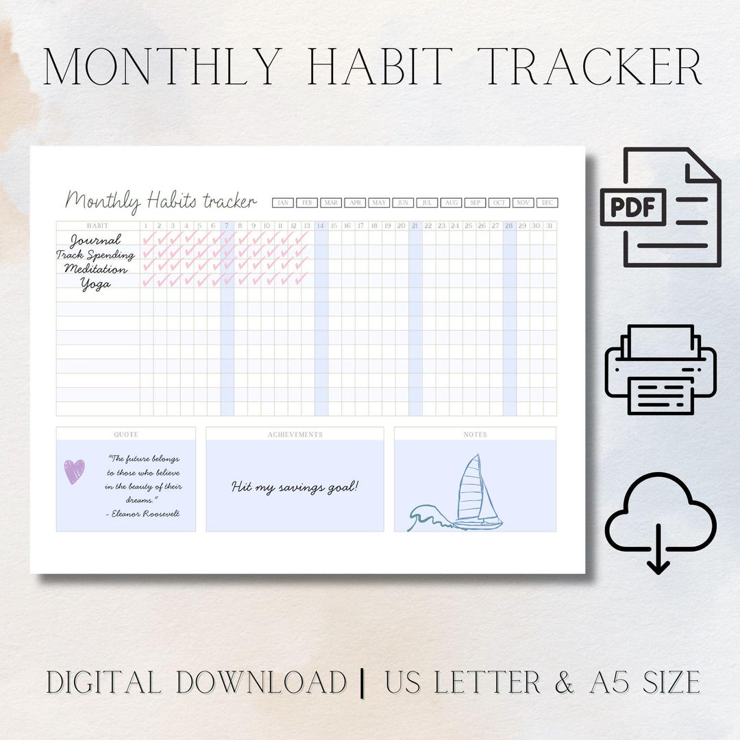 Minimalist Blue Habit Tracker Printable: US Letter & A4 (digital ...