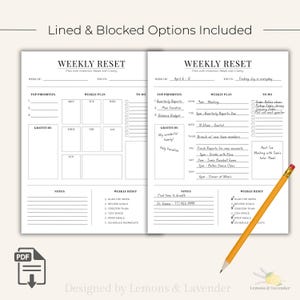 May include: A weekly planner with a minimalist design. The open pages display sections for top priorities, weekly plans, to-do lists, and notes. A pencil rests on the page. Text includes "Weekly Reset" and "Designed by Lemons & Lavender."