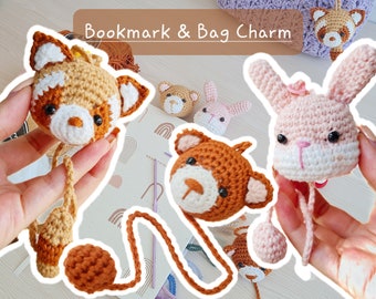 3 in 1 Crochet bookmark and bag charm amigurumi bunny, bear, raccoon *DIGITAL PATTERN ONLY*