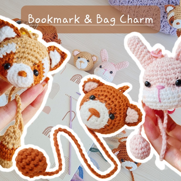 3 in 1 Crochet bookmark and bag charm amigurumi bunny, bear, raccoon *DIGITAL PATTERN ONLY*