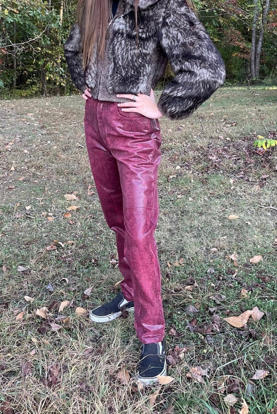 Embossed Leather Jeans, Leather Pants, Red Pants, Burgundy Leather