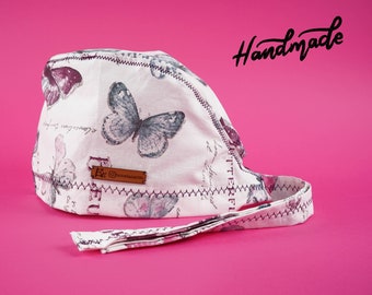 Butterfly Fuchsia Patterned Scrubs Cap: Handmade Cotton Doctor/Nurse Cap