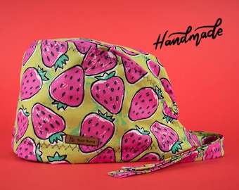 Neon Strawberry Surgical Scrub Cap: 100% Cotton Tieback Hat