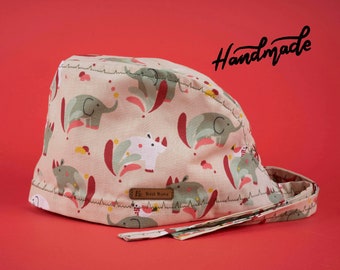 Handmade Cotton Scrubs Cap, Rhino and Elephant Print, Unisex