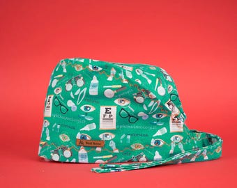 Ophthalmic Optician Patterned Surgical Caps, %100 Pattern Design, Unisex, , Doctor Caps, Scrub Caps, Cotton Fabric, Embroidery processing
