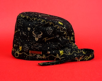 Taurus Scrub Cap | Zodiac Surgical Cap | Black Gold Cotton Scrub Hat | Bouffant OR Cap | Gift for Nurse Doctor
