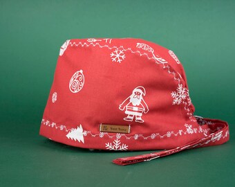Christmas Surgical Cap: Red Patterned Cotton Doctor Scrub Hat