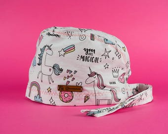 Little Unicorn Patterned Surgical Cap: Handmade Cotton Doctor Cap