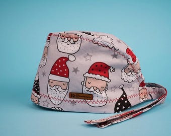Santa Claus Patterned Surgical Cap: Handmade Cotton Doctor Scrub Cap