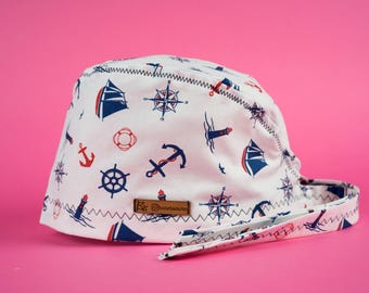 Sea Patterned Surgical Cap: Handmade Cotton Doctor Scrub Cap