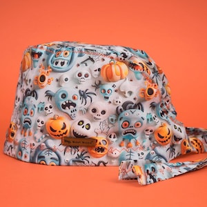 Halloween Surgical Scrub Cap: Pumpkin Ghost Witch Print, Cotton Nurse Hat