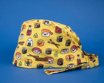 Yellow Sushi Pattern Scrub Cap: Handmade Cotton Surgical Hat