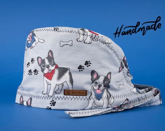 Bulldog Patterned Surgical Bonnet: Handmade Cotton Scrub Cap