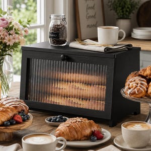 Wooden Bread Box For Kitchen Countertop | Black Large Bread Holder | Modern Pastry Box With Ribbed Door | Kitchen Counter Organizer
