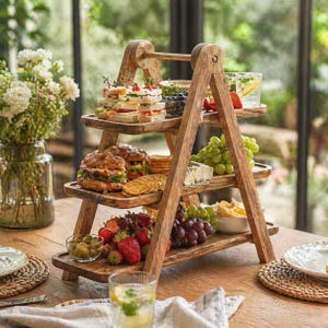 May include: A wooden serving stand with three tiers, laden with food. The stand is made of light brown wood and holds sandwiches, burgers, crackers, grapes, strawberries, and olives. The stand is set on a wooden table, perfect for serving afternoon tea or snacks.
