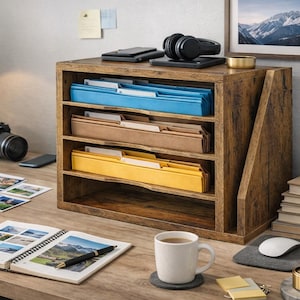 May include: A wooden desk organizer with three shelves, each holding colorful file folders. A desk with a camera, photos, a notebook, and a coffee cup. A desk lamp and a small succulent plant are also visible.