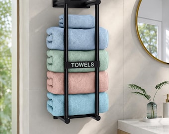 Matte Black Metal Wall Mounted Towel Rack For Bathroom | Industrial Rolled Towel Holder | Vertical Space Saving Bath Towel Storage Organizer