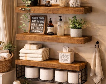 Natural Wood Floating Shelves With Black Metal Guardrail Set Of 3 | Rustic Bathroom Organizer | Toilet Paper Storage | Industrial Wall Shelf