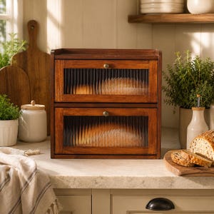 May include: A two-tier wooden bread box with a dark brown finish, featuring two drop-down doors with vertical ribbed glass panels and small round metal knobs. The interior of each compartment is visible through the textured glass.