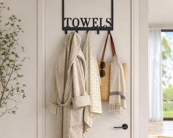 Over The Door Towel Rack For Bathroom | Black Metal Hanger With 5 Hooks | No Drill Organizer | Space Saving Towel Rack | Towel Door Hanger
