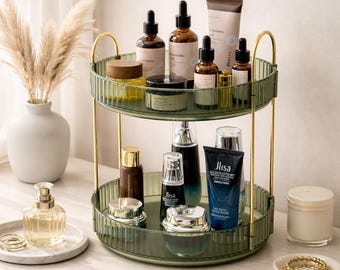 2 Tier 360 Rotating Makeup Organizer | Green Vanity Carousel | Luxury Perfume Holder | Skincare Storage Spinner | Art Deco Cosmetics Display