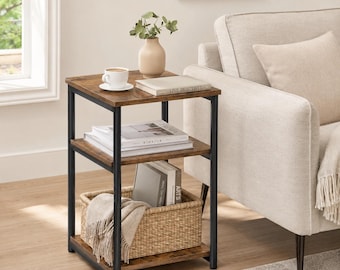 Rustic Brown End Table With 3 Storage Shelves | Industrial Side Table With Black Metal Frame | Small Space Nightstand & Entryway Organizer