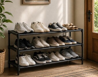 3 Tier Black Non-woven Shoe Rack Shelves | Lightweight Portable Shoe Shelf For Entryway | Shoe Rack For Boots | Space Saving Stand