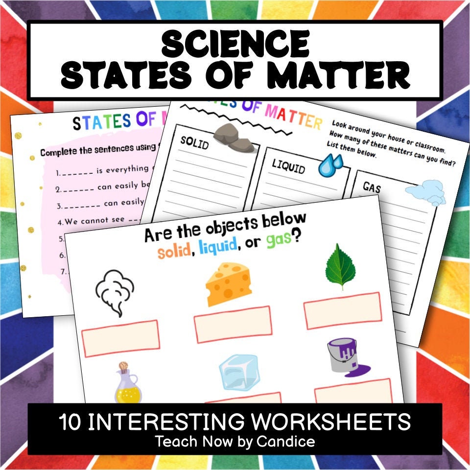 states of matter 10 printable worksheets fun and colorful etsy