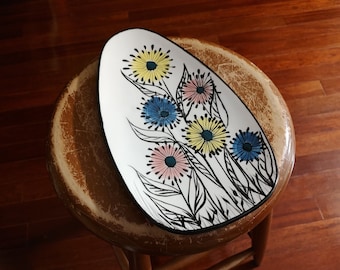 Teardrop Oblong Flowered Ceramic Serving Dish with Feet Mid Century 1960-70s