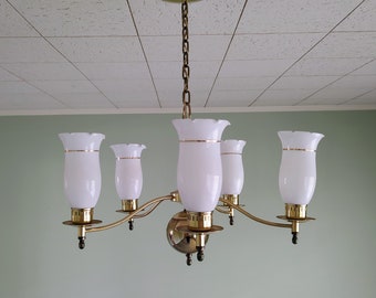 Mid Century Vintage Hanging Light Brass Walnut White Glass Chandelier by Moe