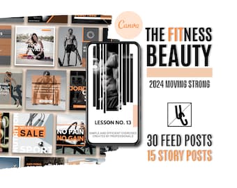 Fitness and Nutrition Social Media Bundle Template Editable Canva Gym Training Coach Branding Kit Daily Feed & Story Posts Instagram Manager