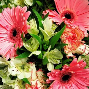Puede incluir: Un vibrante ramo de flores frescas, con grandes margaritas gerberas rosas con centros oscuros, lirios blancos y amarillos y claveles con bordes rojos. El arreglo es exuberante con follaje verde, creando una exhibición colorida y alegre.