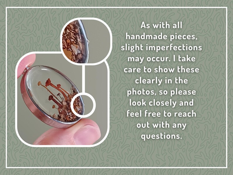 May include: Oval pendant with a clear resin dome, showcasing miniature mushrooms and earthy elements. The pendant has a silver-colored metal frame. The image includes text about handmade imperfections.