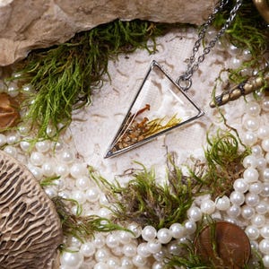 May include: A silver-toned pendant necklace with a clear, triangular resin pendant containing dried plants and a small mushroom. The necklace rests on a bed of pearls, moss, and decorative elements.