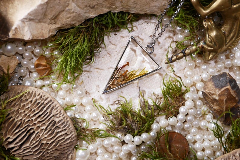 May include: A silver-toned pendant necklace with a clear, triangular resin pendant containing dried plants and a small mushroom. The necklace rests on a bed of pearls, moss, and decorative elements.